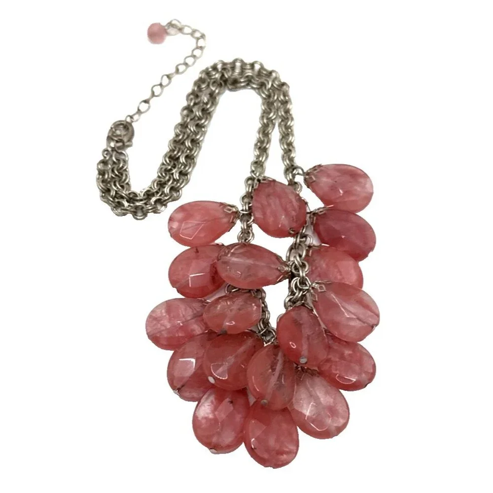 Rose Quartz Bib Necklace Double Strand Teardrop Dangle Stone Bead Statement 18